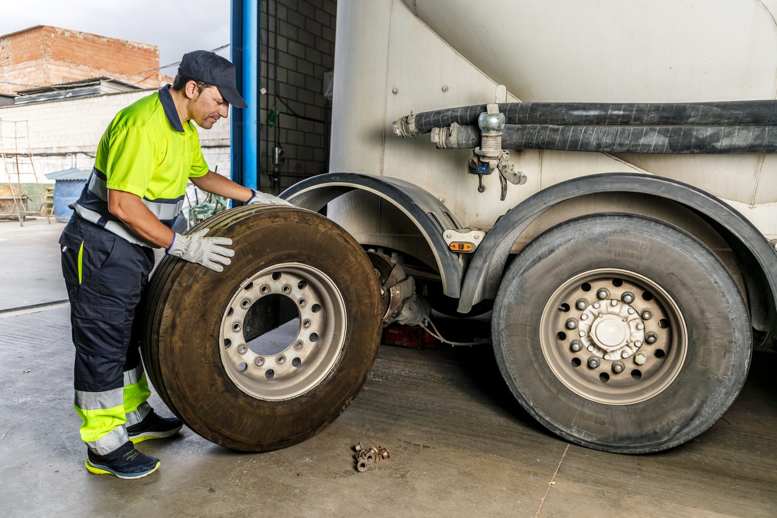 Male mechanic changing wheel of truck in garage at daylight