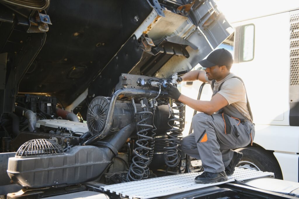 Professional truck mechanic working in vehicle repair service